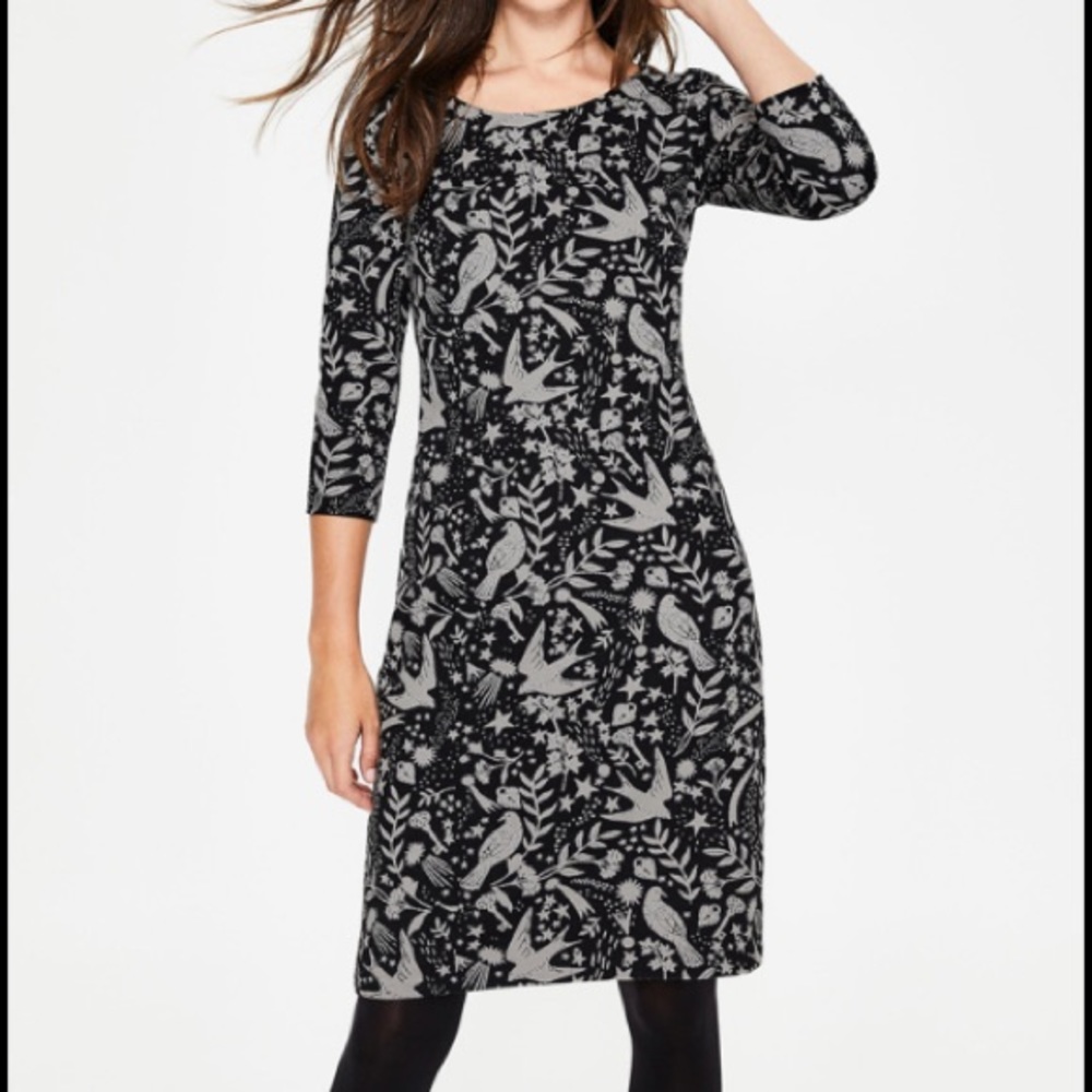 Boden jersey jacquard sheath dress in black and white print.